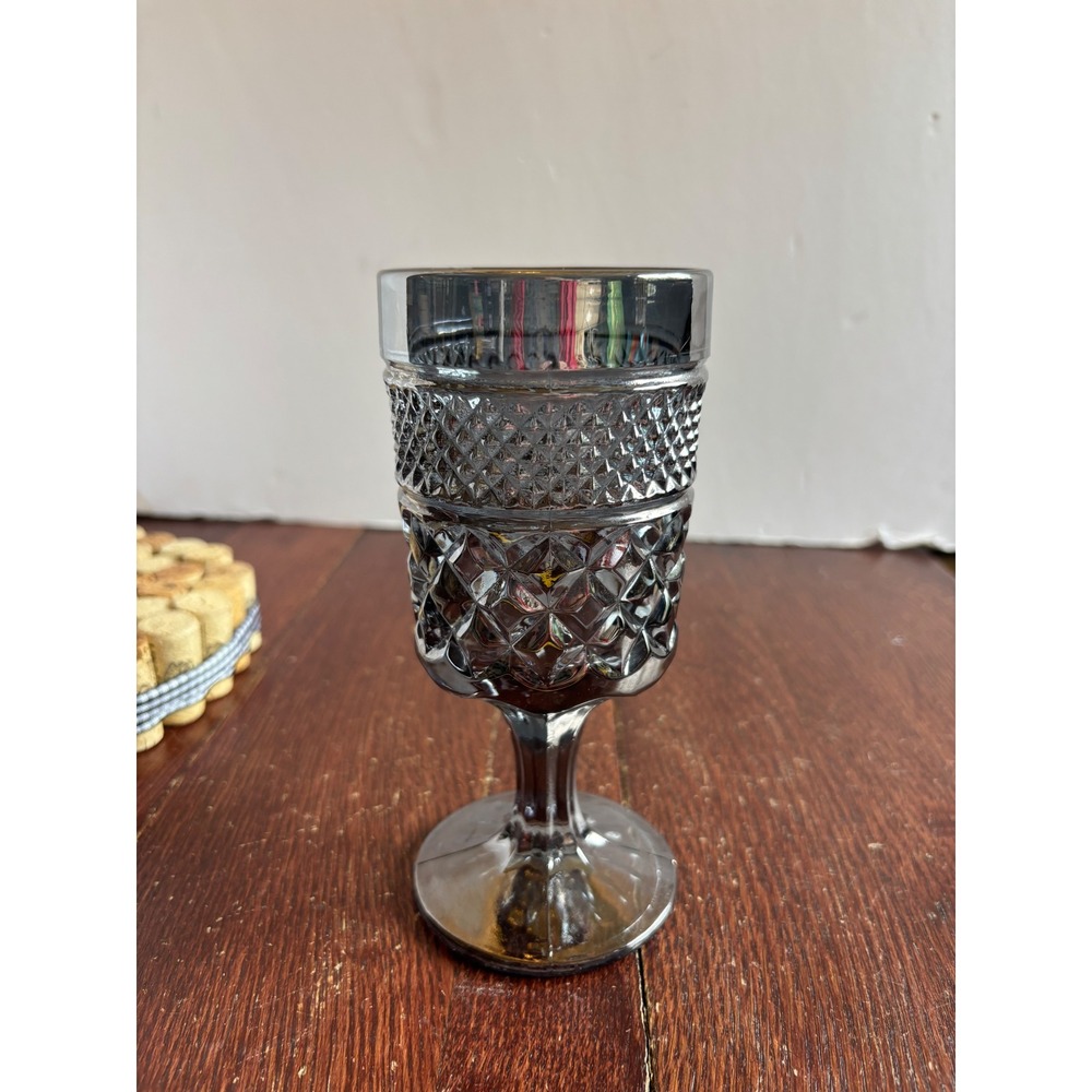 Vintage Smoky Gray Pressed Glass Goblet Diamond Point Stemmed Wine Glass‎ 6.25"